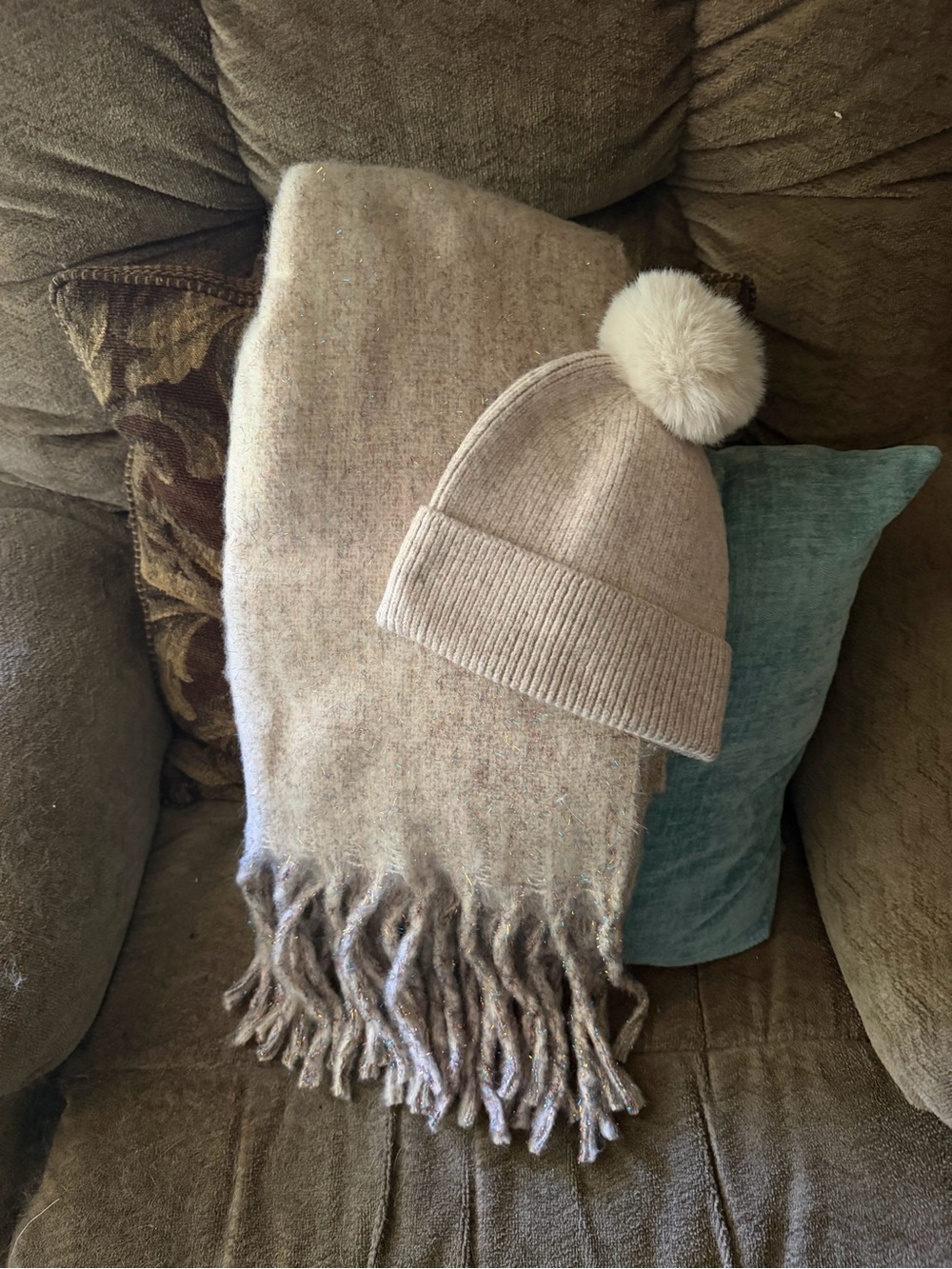 Cozy Cream Pom Beanie and Fringe Scarf  Set